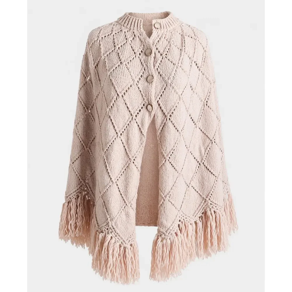 Vintage Hand Knit Poncho in Blush Pink S-L Fit Boho hippie Artisan Fringe Shawl